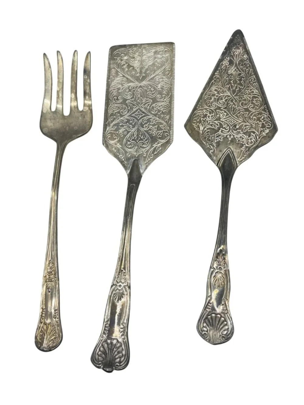 Vintage Silver-tone engraved Serving Utensil Set 3 Ornate Floral Fork 2 Servers